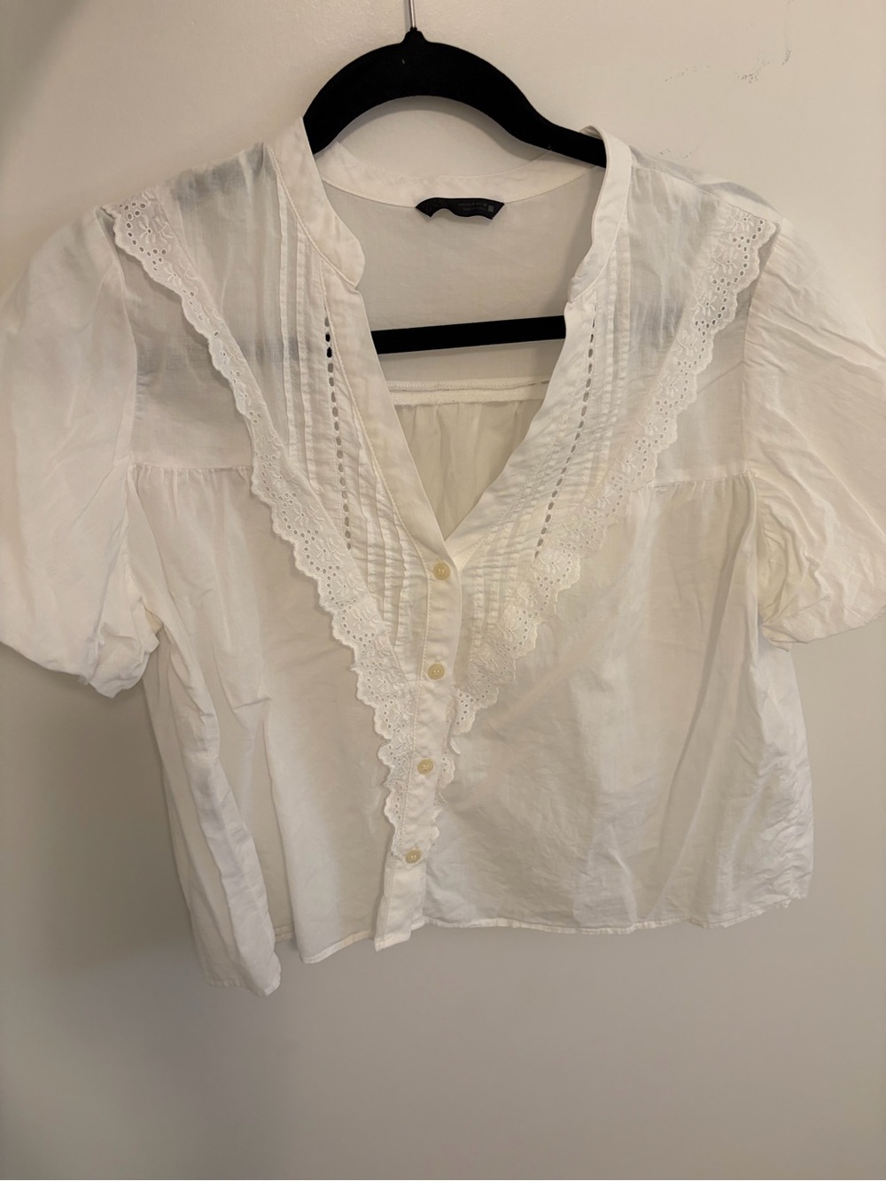ZARA White Eyelet V-Neck Button Front Women's Top size S